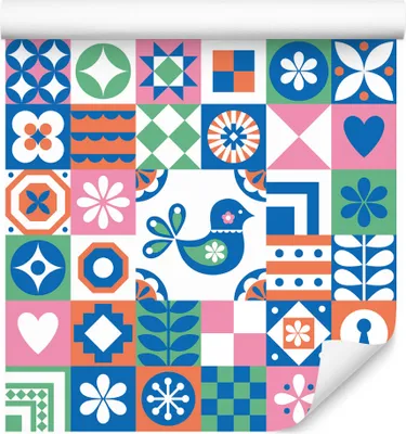 Produktbild von 10m VLIES TAPETE Rolle Fliesen Blumen Blätter Vügel Geometrisch Bunt XXL