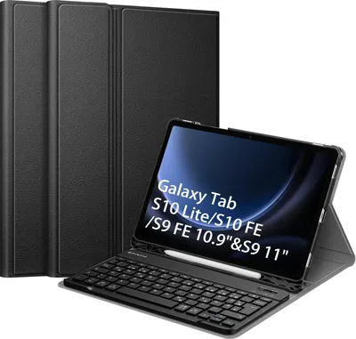 A black tablet case with a keyboard is shown with the tablet inside, displaying product information on its screen.