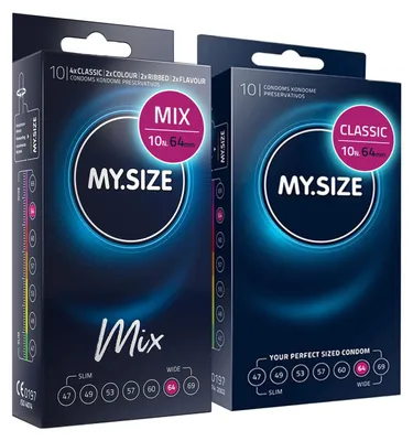 Immagine prodotto di MY.SIZE Mix Set Misura 6, 64 mm: 10 Preservativi Classic + 10, in 4 Varianti Eccitanti, Aromatici, Colorati, Con Rilievi e Classici