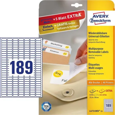 Obrázek produktu pro Avery L4731REV-25, Bílá, Zaoblený obdélník, Vyjímatelná, DIN A4, Univerzální, Papír