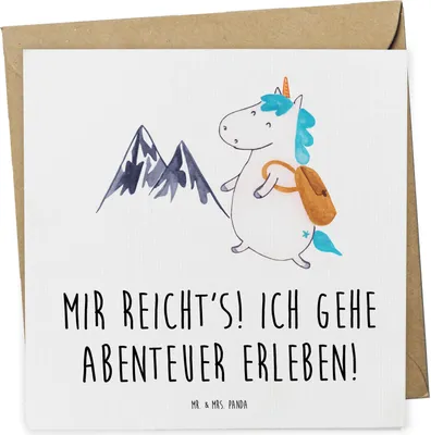 Produktbild von Mr. & Mrs. Panda Grußkarte Einhorn Bergsteiger - Weiß - Geschenk, Unicorn, Urlaub, Weltreise, Abenteuer, faltkarte, anlasskarte, Glückwunschkarte, doppelkarte, Klappkarte