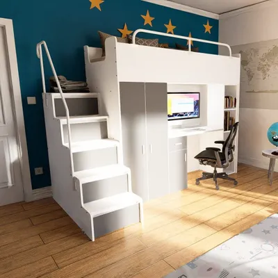 Produktbild von Marlux-Meble Hochbett Kinderbett JSM-4 80x190 mit Kleiderschrank Schreibtisch und Treppe Matt Kinderbetten Funktionsbett Etagenbett Stockbett Kinderhochbett Jugendhochbett (Graphit Matt)
