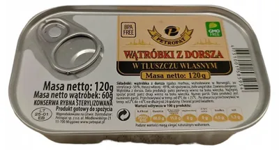 Zdjęcie produktu dla Wątróbki z dorsza w tłuszczu własnym 120g Petropat