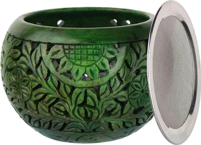 Produktbild von Räucherstövchen Speckstein 10,4x14,2cm – Groß, grün geschnitzt, Räuchergefäß mit Sieb