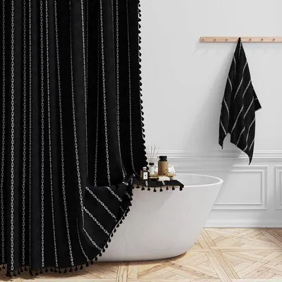 Produktbild von Unyqoos® Duschvorhang schwarz, schimmelbeständig – 182 x 182 cm, Leinenoptik (330 gm) mit Quasten, wasserabweisend, inkl. 12 Edelstahlhaken, Boho-Stil