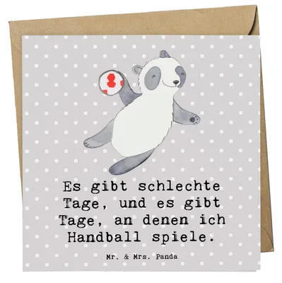 Produktbild von Mr. & Mrs. Panda Grußkarte Panda Handball spielen - Grau Pastell - Geschenk, faltkarte, Klappkarte, doppelkarte, Verein, Club, Turnier, Glückwunschkarte, anlasskarte
