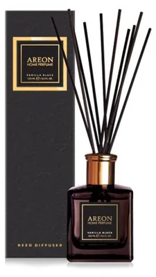 A product shot of an AREON Home Perfume Reed Diffuser in Vanilla Black scent, displayed next to its packaging.