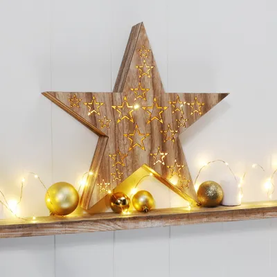 Produktbild von HI Holzstern LED-Dekostern Weihnachtsbeleuchtung 36 x 36 x 6 cm (54847)