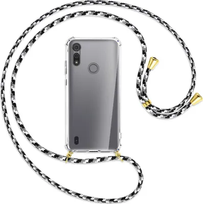 Produktbild von Handykette Backcover-Schutzhülle mit Band (Metall goldfarben) für Motorola Moto E6s - schwarz/grau/weiß