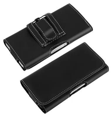 Two black smartphone belt pouches are shown against a white background.