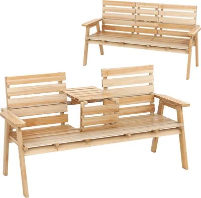 Immagine prodotto di Panca da giardino con tavolo COSTWAY, panca in legno per 2-3 persone, panca con tavolo centrale pieghevole, panca da parco fino a 320 kg, panca da patio, 160x64x86 cm
