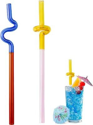 Obrázek produktu pro Opakovaně použitelné, zakřivené skleněné brčka, skleněné brčka vhodné pro smoothies, nápoje, koktejly a džusy, balení po 2 kusech (vícebarevné)