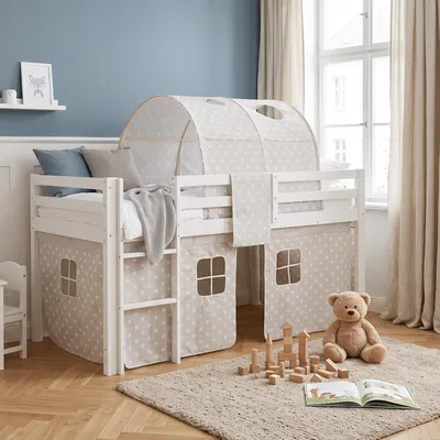 Produktbild von Homestyle4u Hochbett 90x200 Kinder mit Lattenrost mit Matratze  Standard 100 Weiß Set Tunnel mit Rausfallschutz
