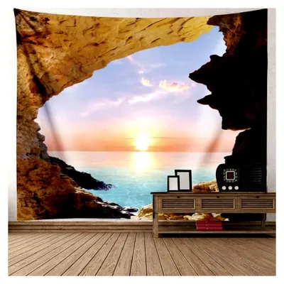 Produktbild von Wandtuch 200x200, Wandvorhang Natur Sonnenuntergang am Meer Bunt Wandteppich Meerblick Polyester Wanddeko für Schlafzimmer Wohnheim