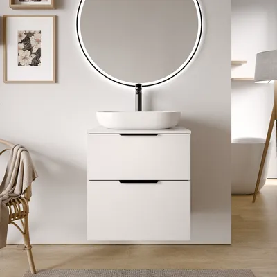 Produktbild von Waschtischunterschrank TIM 60 cm für Aufsatzwaschbecken - Farbe wählbar, Waschtischplatte:Eiche nebelgrau, Farbe Badmöbel:Weiß glänzend, Metallgriff:Chrom