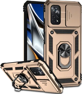Produktbild von Xiaomi Poco X4 Pro 5G Hülle mit Schiebe Kamera Schutz und Ringhalter Ständer Robust Rüstung Schutzhülle für Xiaomi Poco X4 Pro 5G Gold