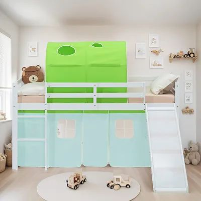 Obrázek produktu pro Homestyle4u dětská podkrovní postel 90x200 skluzavka tunel zelená dětská postel