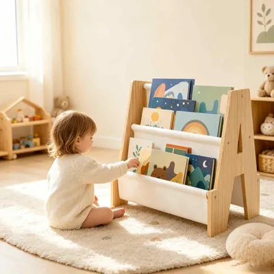 Produktbild von Doppelseitiger Bücherregal für Kinder aus Holz mit Griff