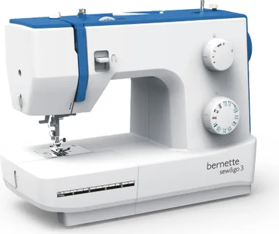 A white and blue sewing machine shown in a studio setting against a white background.