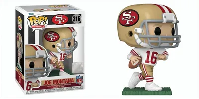 A Funko Pop! figure of Joe Montana in his San Francisco 49ers uniform, shown both in its packaging and displayed outside of it.