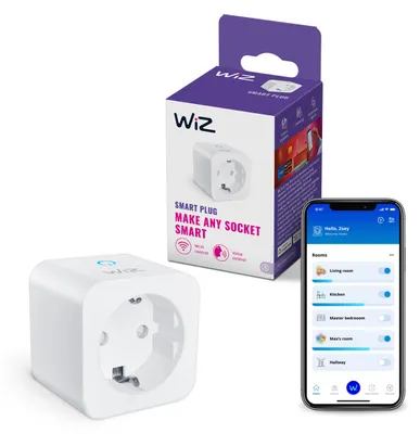 Zdjęcie produktu dla Inteligentna wtyczka WiZ WLAN, typ F, 230 V, 50 Hz, prosta konfiguracja, certyfikat Matter, inteligentne sterowanie, polecenia głosowe, kompatybilna z Alexa, Google Home i Apple Home, bez miernika mocy, opakowanie zawierające 1 sztukę, certyfikat Matter, opakowanie zawierające 1 sztukę, bez miernika mocy