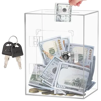 Zdjęcie produktu dla Przezroczysta skarbonka - skarbonka z akrylu - zamek zapewniający bezpieczeństwo - 15 x 12 x 20 cm - kształt sześcianu - trwały materiał