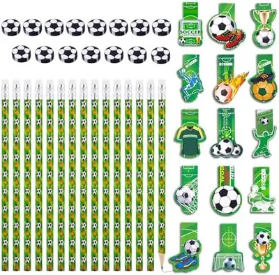 Produktbild von 15 Stück Fußball Magnetische Lesezeichen mit 24 Stück Bleistifte und 24 Stück Radiergummi, Kinder Fussball Mitgebsel Deko für Jungen Schule Schrein Fußballfan