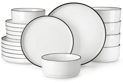 Zdjęcie produktu dla Zestaw naczyń MALACASA, elegancka ceramika, opcje 12-36 elementów, czarny brzeg, 36 SZTUK