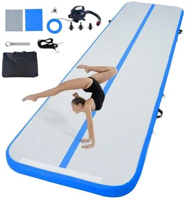 Produktbild von Famanu Airtrack Gymnastikmatte - Aufblasbare Tumblingbahn - 398 x 101 x 10 cm - Inklusive Elektrische Pumpe - Blau