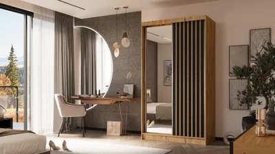 Produktbild von ALTDECOR Kleiderschrank mit Spiegel und Schiebetüren, kugelgelagerte Führungsschienen und Aluminium-Leisten - LAMELO - 120 cm - Artisan/Schwarz /Artisan