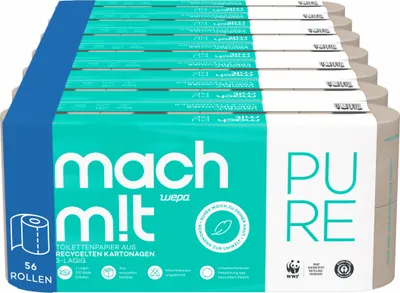 Produktbild von mach m!t PURE Toilettenpapier - Vorrats-Spar-Packung mit 56 Rollen - extra weich mit 3 Lagen - frei von Bleichmittel - aus recyceltem Karton
