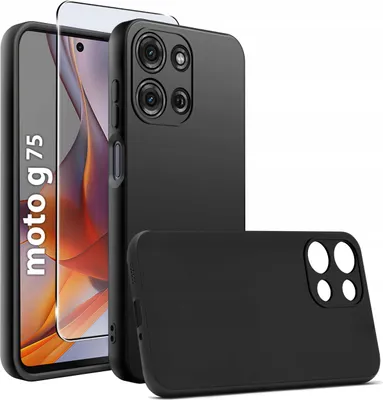 Imagen del producto de Funda de silicona mate negra para Motorola G75 5G, delgada, con protector de vidrio 9H