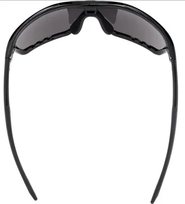 A pair of black sunglasses shown from a top-down perspective against a white background.