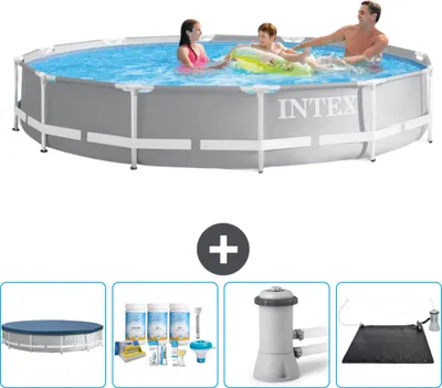 Produktbild von Intex Pool mit rundem Prismenrahmen – 366 x 76 cm – Grau – im Lieferumfang enthalten Abdeckung - Wartungspaket - Filterpumpe für Schwimmbad - Solarmatte