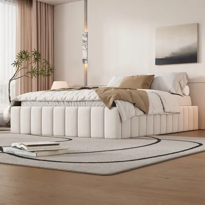 Produktbild von Flieks čalúnená posteľ 140x200cm bez čela, úložná posteľ pre mladých so 4 zásuvkami, manželská posteľ drevená funkčná posteľ s lamelovým roštom, zamat, béžová