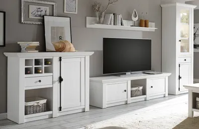 Produktbild von Wohnwand "Hooge" in Pinie weiß Landhaus Schrankwand 4-teilig 340 x 207 cm
