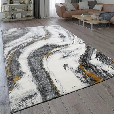 Produktbild von Wohnzimmer Teppich mit Marmor-Optik in Grau und Gold Tönen Glanz Modern, Maße:200x290 cm