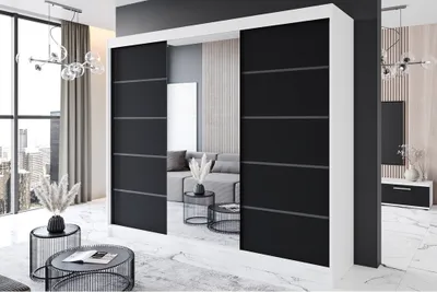 Produktbild von Easy4You R6 250 cm Weiß/Schwarz Schiebetüren Kleiderschrank 250x215x58 cm mit Spiegel - Schlafzimmermöbel, Aufbewahrung - Mehrzweckschrank
