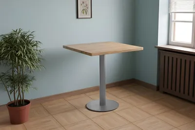 Produktbild von Bistrotisch Joan | 60 x 60 cm eckig | Holz | Farbe: Eiche | Gerade Kante | silbernes rundes Säulengestell aus Metall | Säulentisch/Esstisch für Küche, Café & Essbereich
