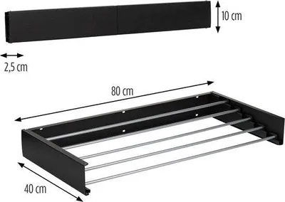 A diagram showing a black wall-mounted drying rack with dimensions indicated by measurement lines and text.