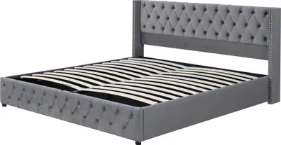 Produktbild von okwish Polsterbett 160×200cm Hydraulisches Doppelbett mit Stauraum, Stauraumbett Jugendbett mit Bettkasten, Samtstoff,Grau(ohne Matratze）