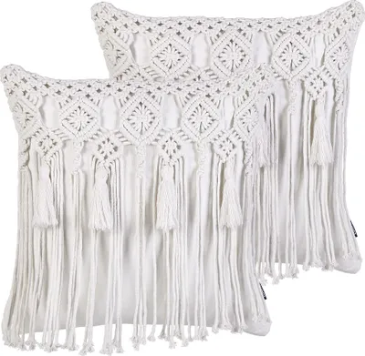 Obrázek produktu pro BELIANI Sada 2 dekorativních polštářů bílá bavlna 45 x 45 cm makramé se střapci z provazu boho retro dekorace doplňky
