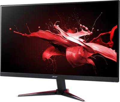 A black computer monitor with a red and black abstract splash screen displayed.