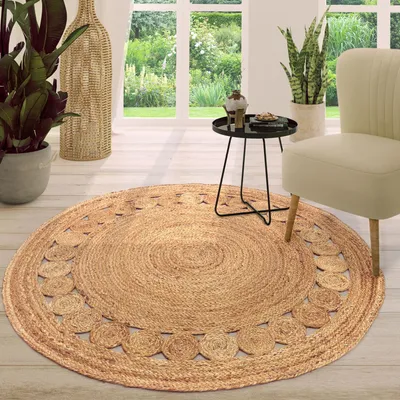 Produktbild von TT Home Natur-Teppich Wohnzimmer Rund Jute Modern Ethno Boho Handgefertigt Bordüre Größe 80 cm Rund