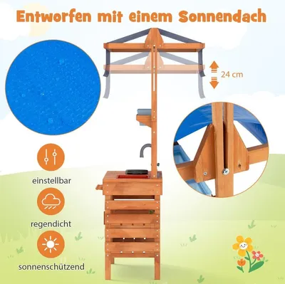 Produktbild von Matschküche für Kidner Kinderküche Holz mit Höhenverstellbarem Sonnendach 77 x 52 x 135 cm