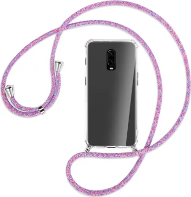 Produktbild von Handykette Backcover-Schutzhülle mit Band (Metall silberfarben) für OnePlus 6T, OnePlus 7 - lila/rosa/blau
