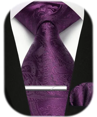 Produktbild von Herren Krawatten-Set mit Einstecktuch und Krawattennadel Lila Paisley Kariert