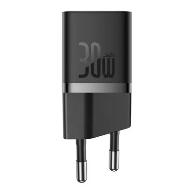 A black 30W GaN fast charger with European plug.