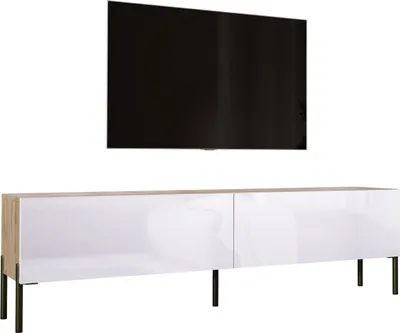 Image de MEUBLE TV : Chêne Wotan / Blanc brillant avec pieds en noir, 170 x 52 x 32 cm
