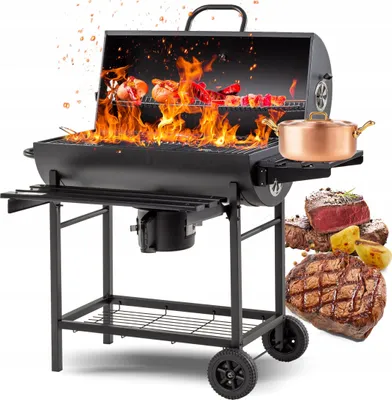 Zdjęcie produktu dla DUŻY GRILL WĘGLOWY BARIL Ogrodowy BECZKA Składane półki POPIELNIK